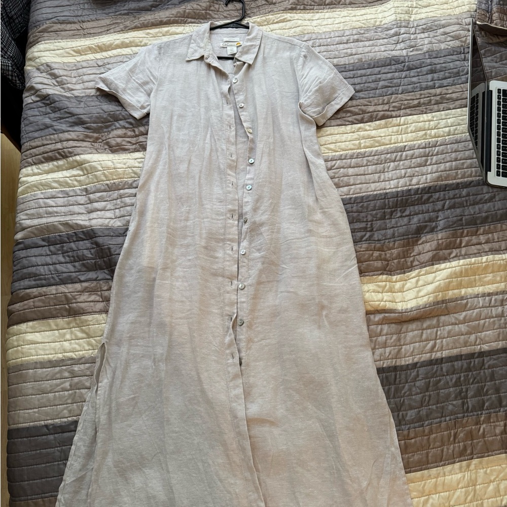100% linen Elegant Beige Button-Down summer Maxi Dress M
